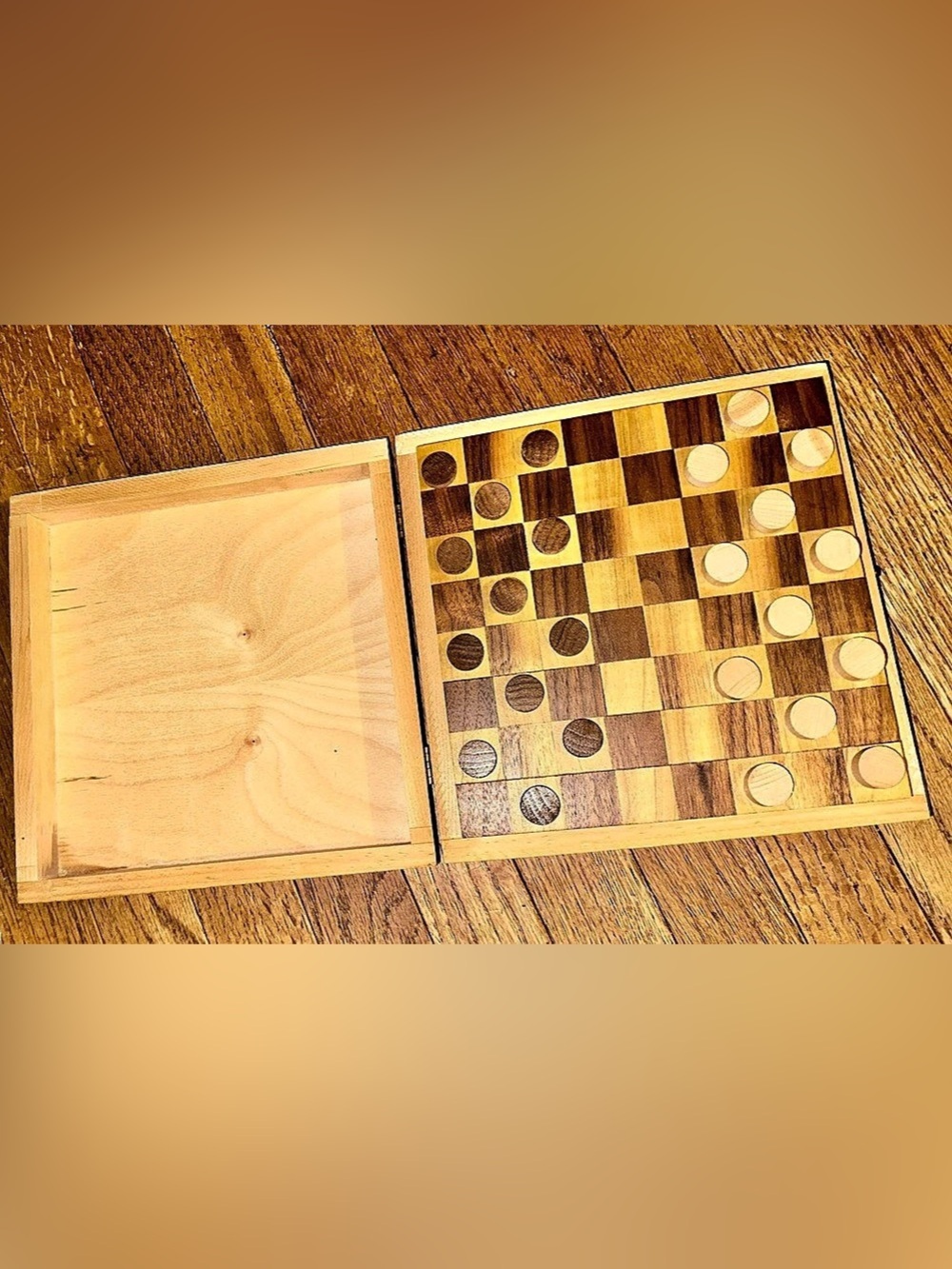Vintage Handmade Wooden Checkers Board Game with Storage Box